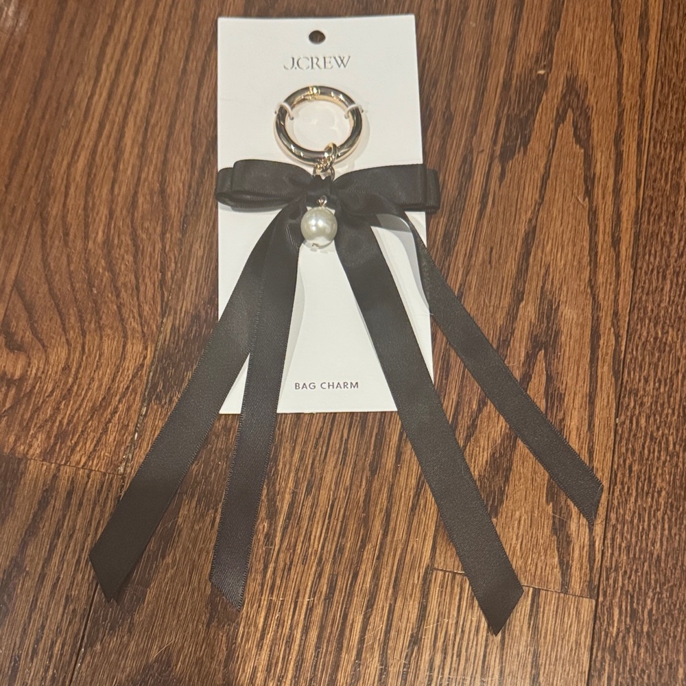J. Crew Gold, Black Ribbon and Pearl Bag Charm NWT - Picture 2 of 5
